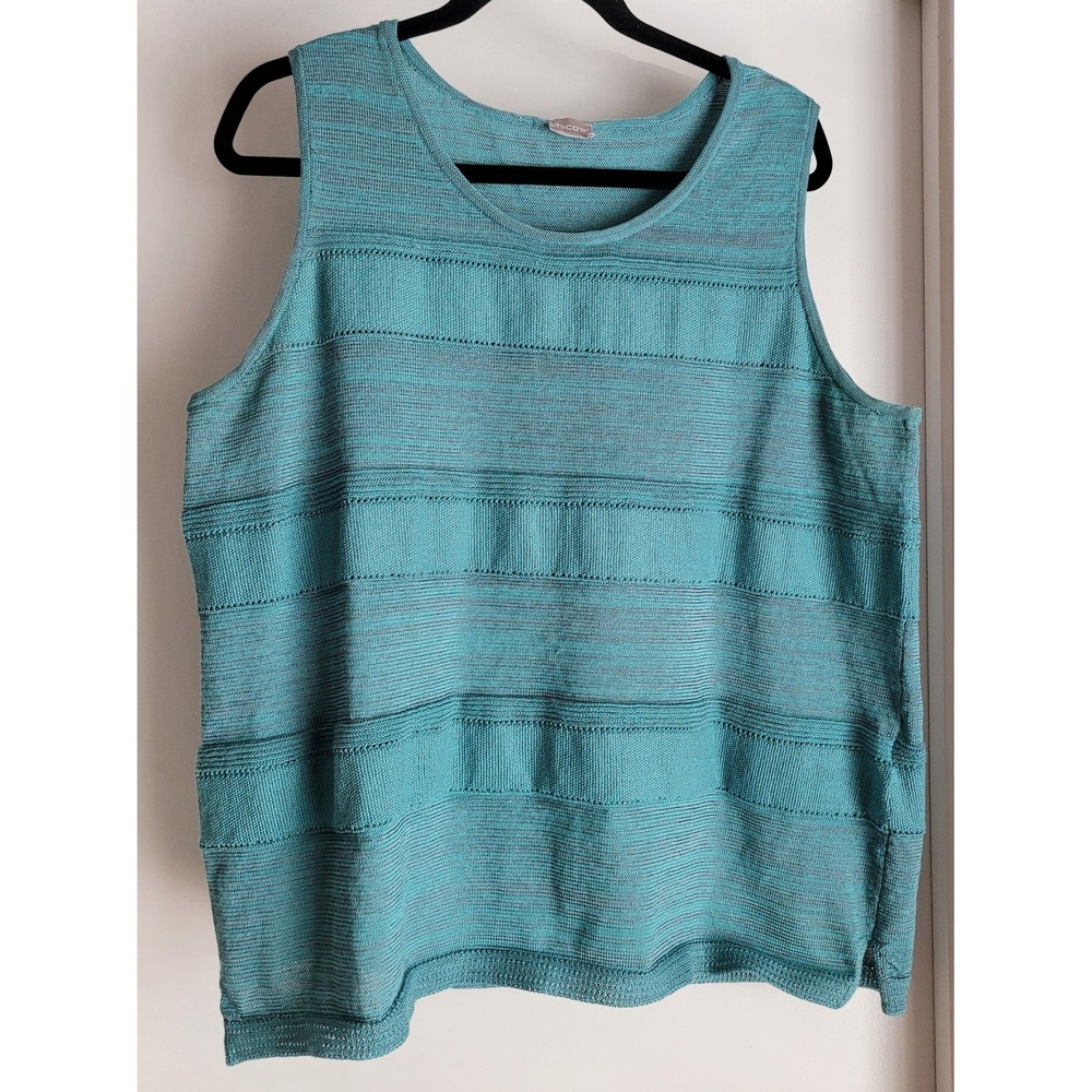 Chico's Tank Top Size 3 Striped Teal Sleeveless Round Neck Blouse Shirt Cami